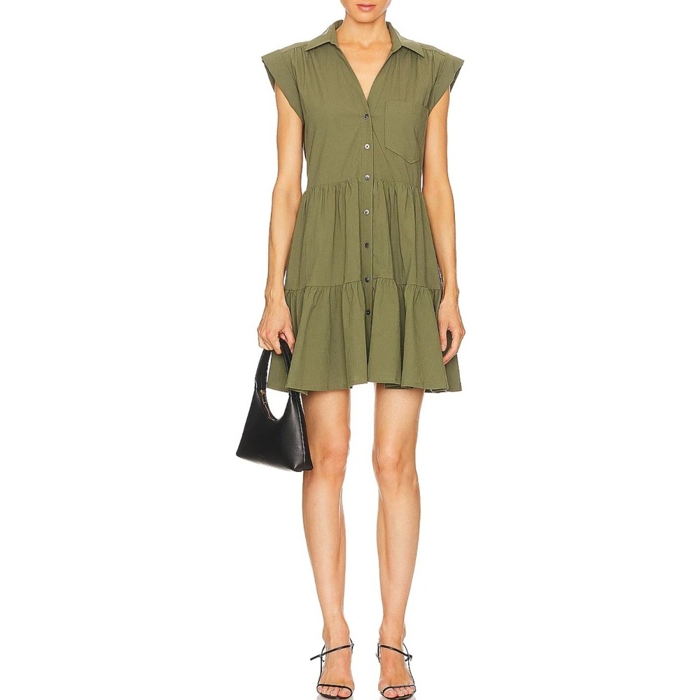 Veronica Beard Trisha Tiered Cotton Minidress‎ Green Sleeveless Shirt Dress- S